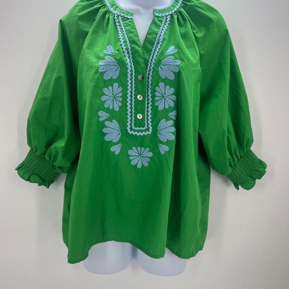 Entro Green Embroidered Tunic Top Womens Medium 3/4 Puff Sleeve Ric-Rac - Picture 3 of 11